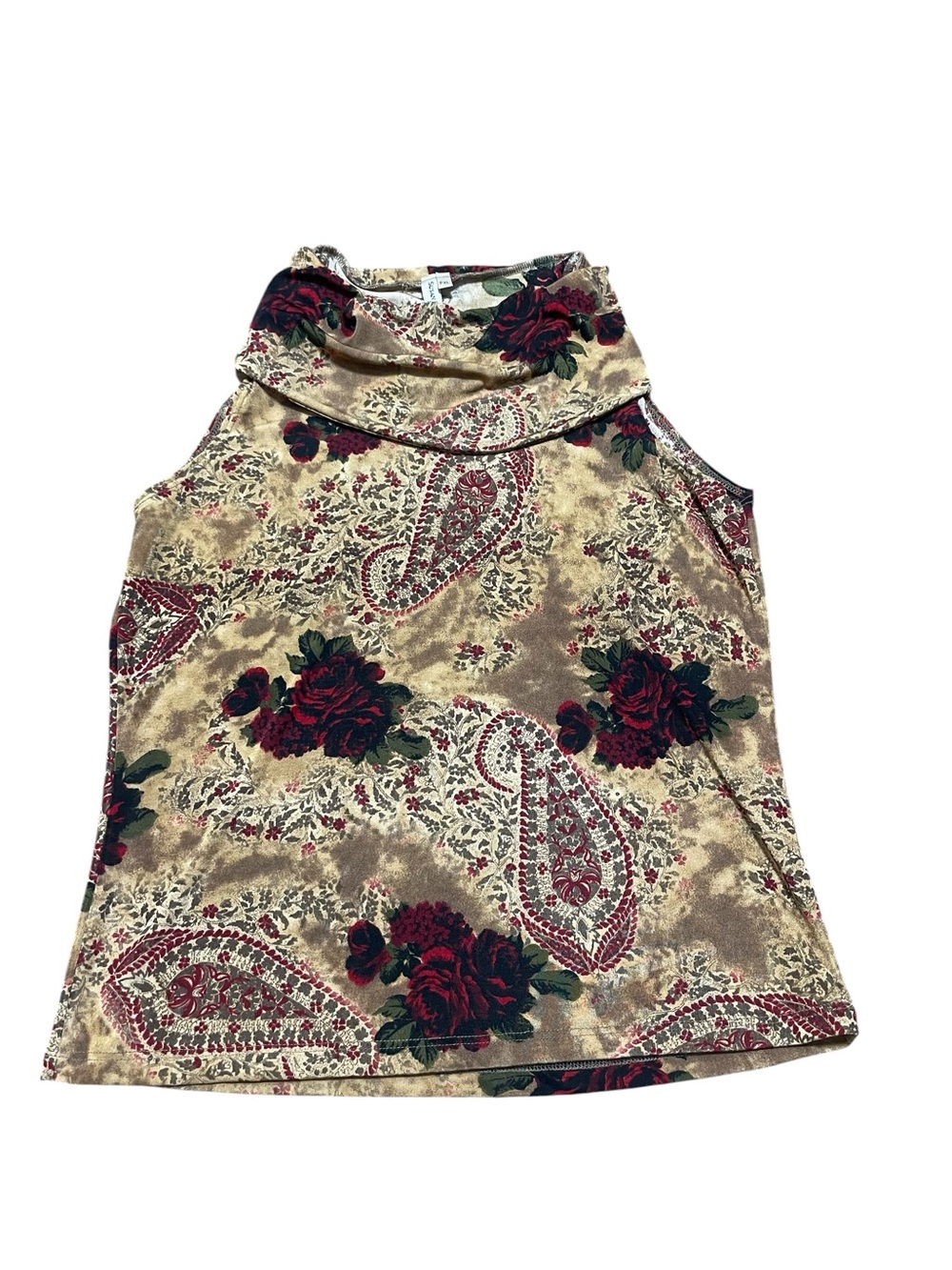 Susan Lawrence Beige Paisley & Rose Sleeveless Cowl Neck Top Y2K Vintage